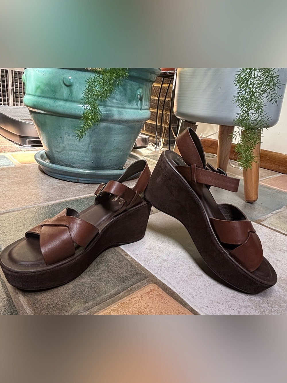 Kork-Ease Ava Leather Cross-Strap Platform Wedge Sandals – Brown - size 6